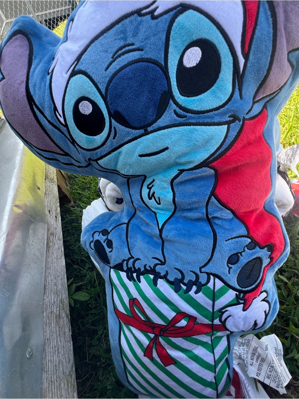 Disney Blue Stitch Holiday  Pillow with Red Hat and Green Gift